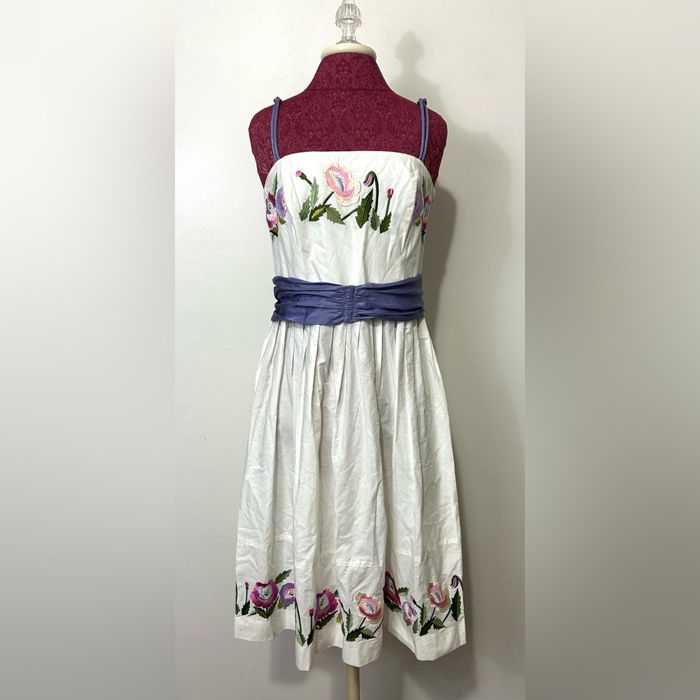 VTG Clues Midi Dress Sz 8 White Floral Embroidered Cottagecore Garden Tea‎ Party - Picture 10 of 16